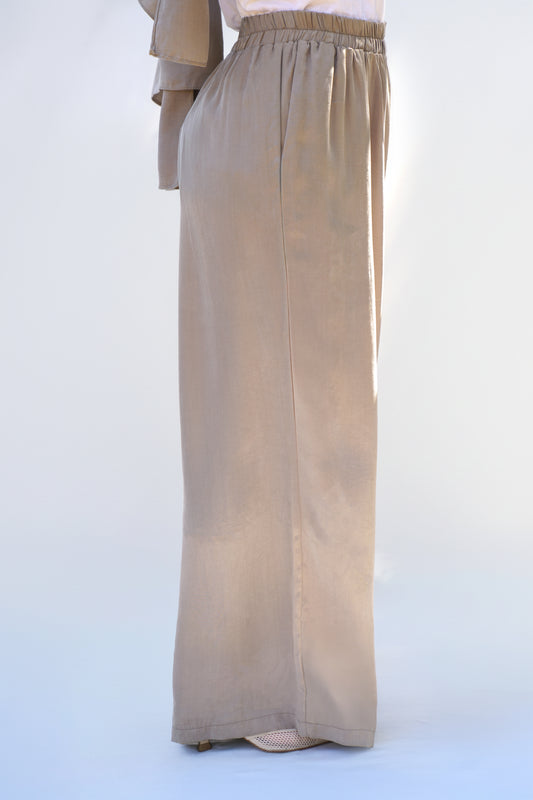 Bej İpek Cupro Geniş Pantolon