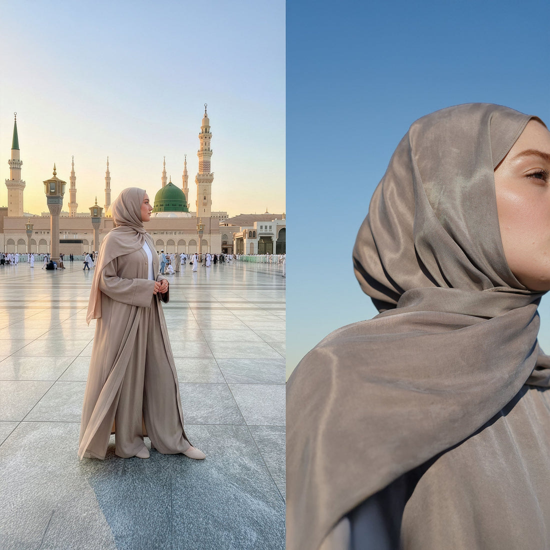 Umrede giyilecek ipek cupro bej renk tesettür takım.