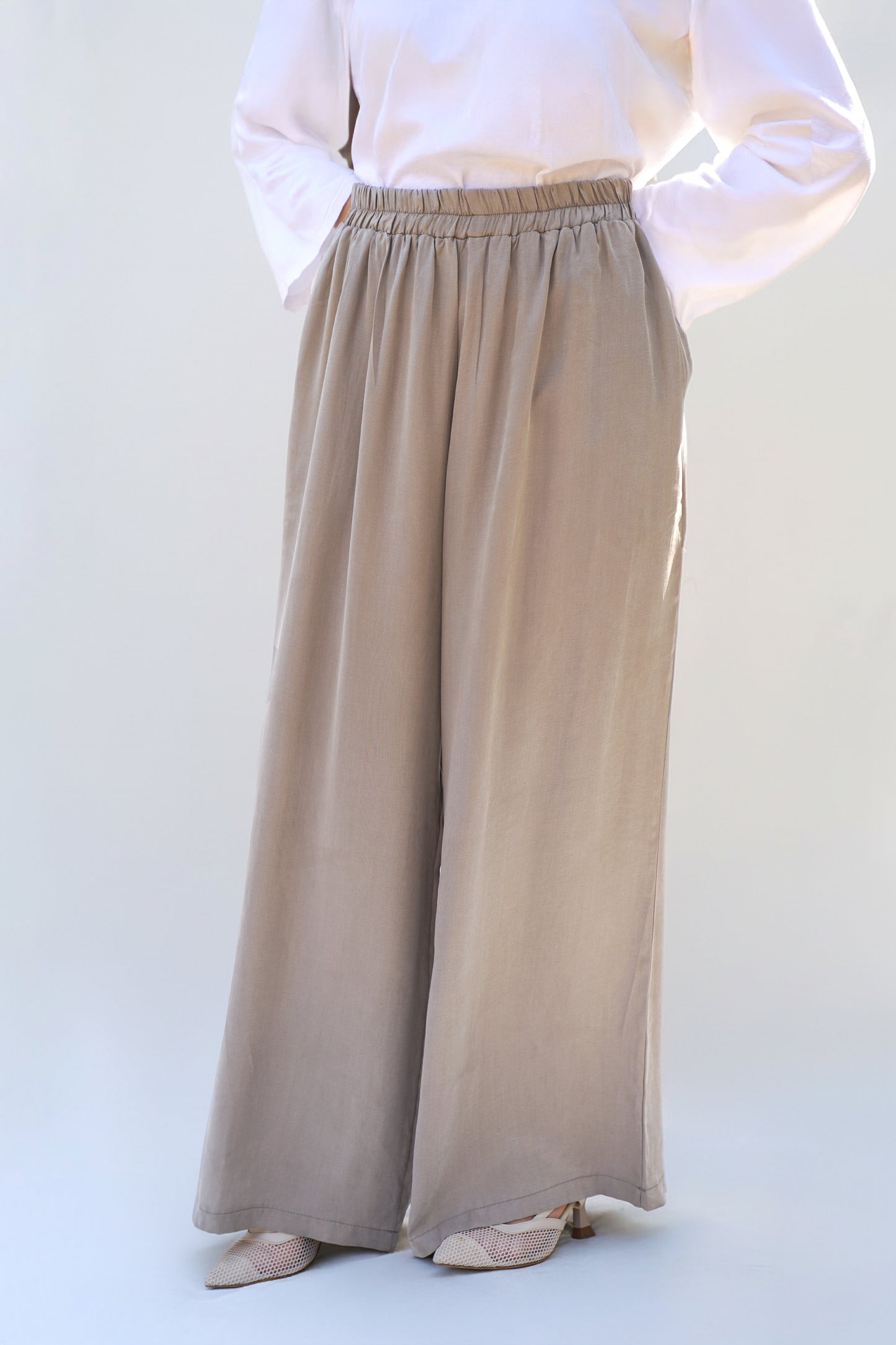 Bej İpek Cupro Geniş Pantolon