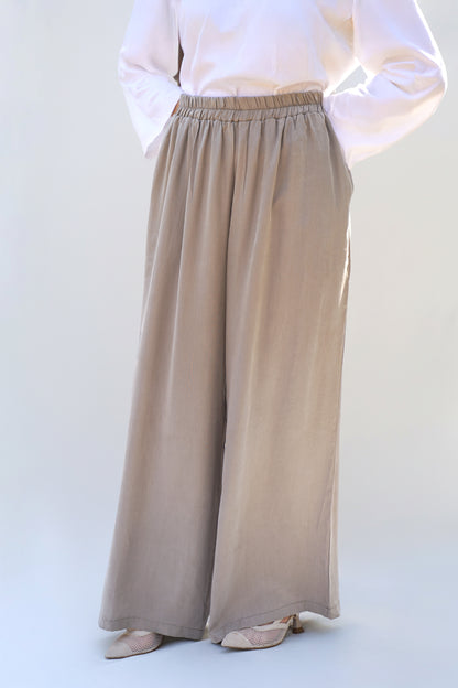 Bej İpek Cupro Geniş Pantolon
