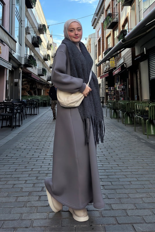 Kışlık Comfort Sweat Tesettür Elbise Gri