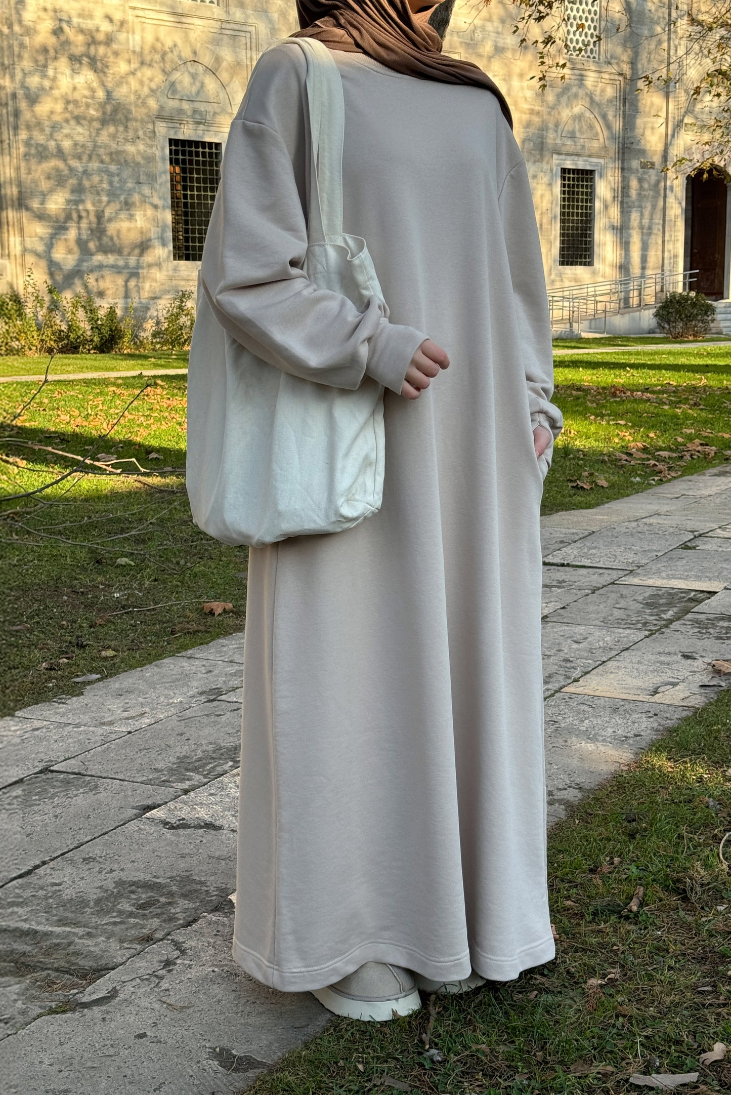 Kışlık Pamuk Sweat Tesettür Elbise Krem