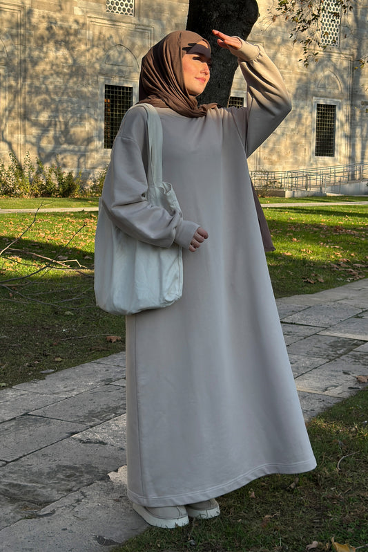 Kışlık Pamuk Sweat Tesettür Elbise Krem