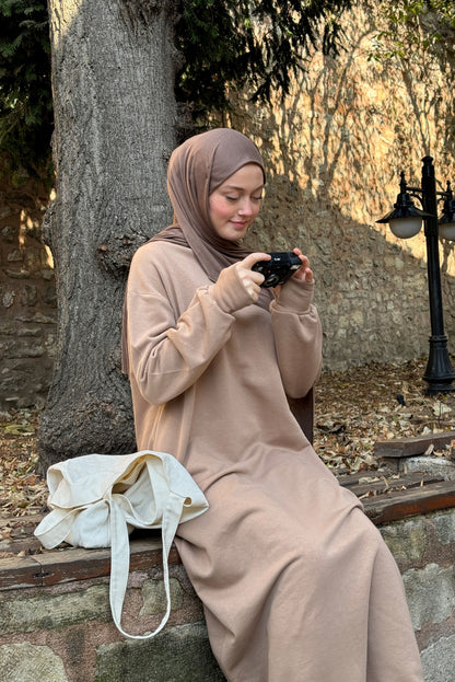 Kışlık Pamuk Sweat Tesettür Elbise Vizon