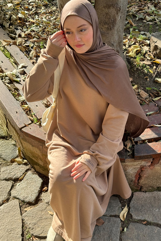 Kışlık Pamuk Sweat Tesettür Elbise Vizon